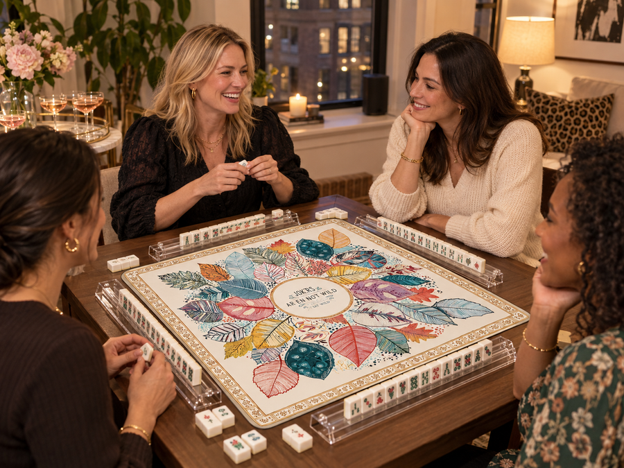 Four women play American Mahjong around a botanical table mat in a SoHo apartment.