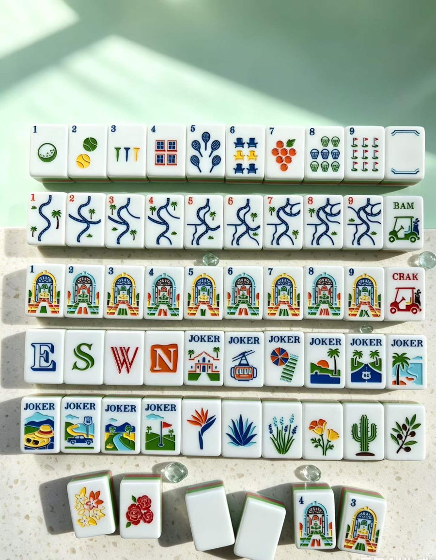 The Riviera Club mahjong tile faces with colorful architecture and holiday scenes