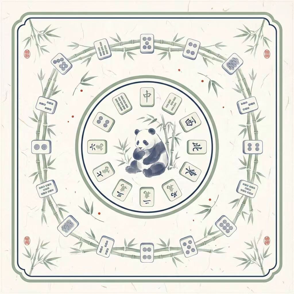 Panda-themed mahjong table mat with bamboo borders, tile symbols and a central panda