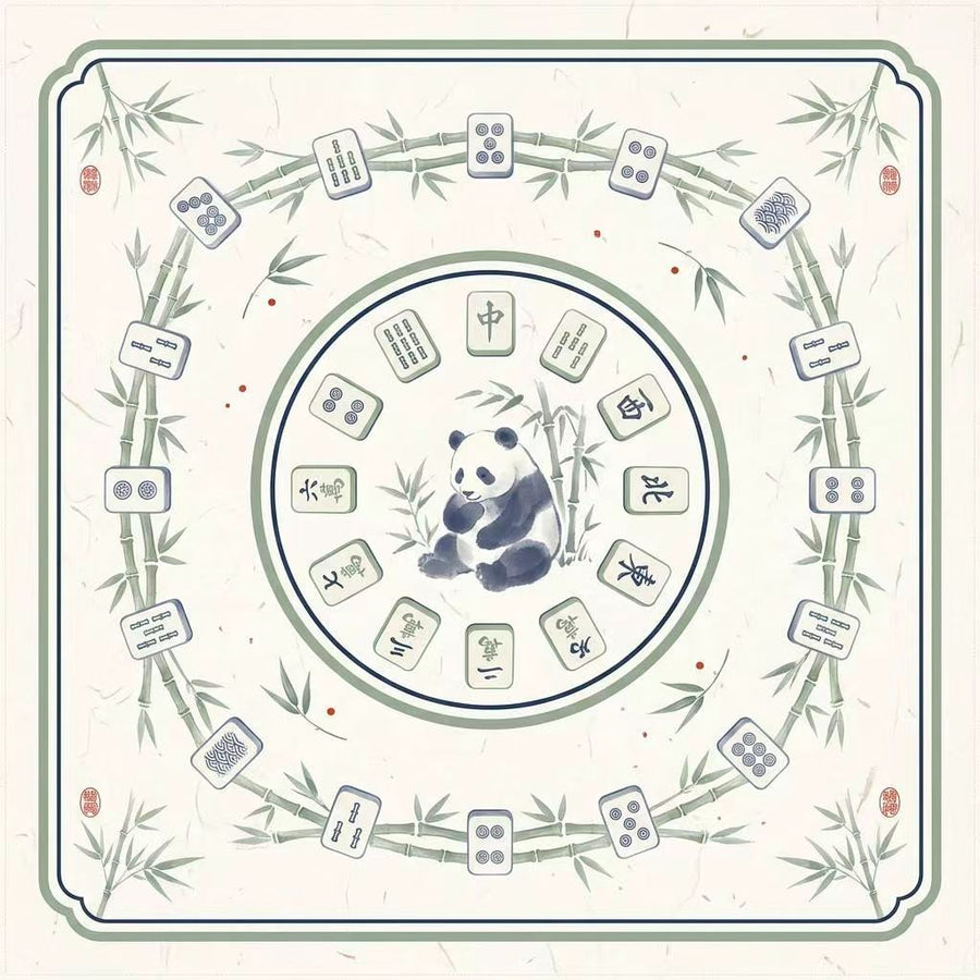 Panda-themed mahjong table mat with bamboo borders, tile symbols and a central panda