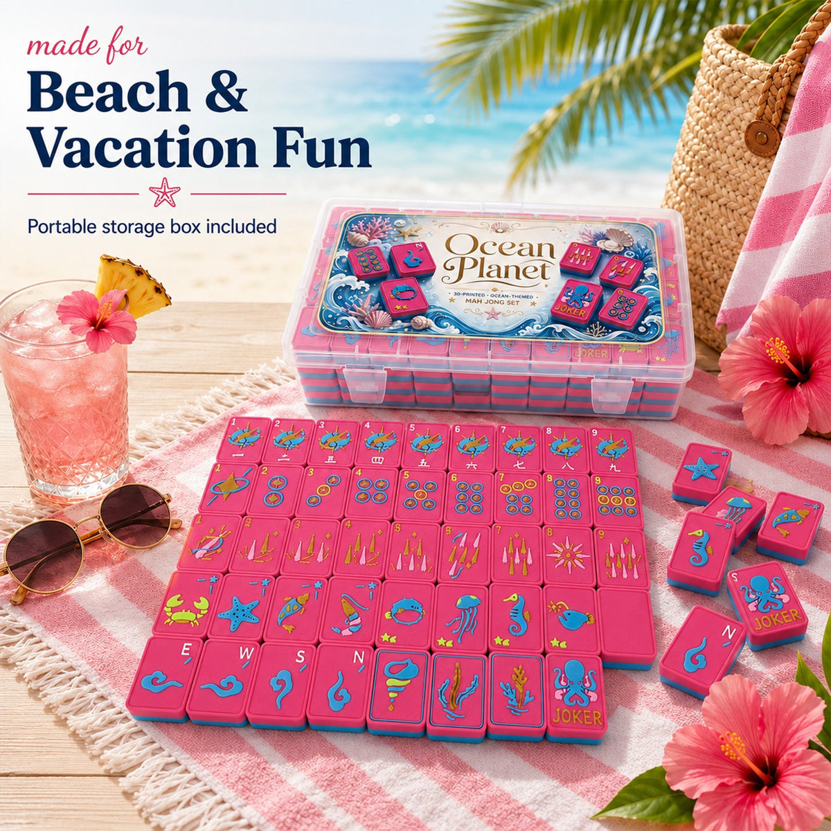 Seastar American Mahjong Set with coral-pink sea-life tiles and a transparent portable storage box