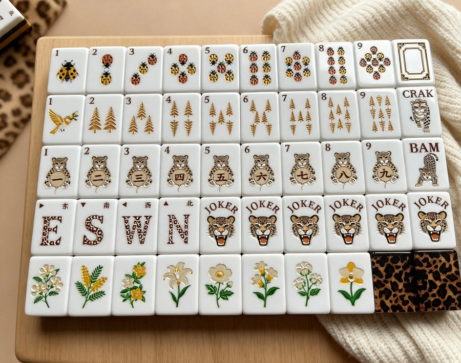 Cheetah's Garden mahjong tiles with spotted-cat and floral designs on a wooden tray