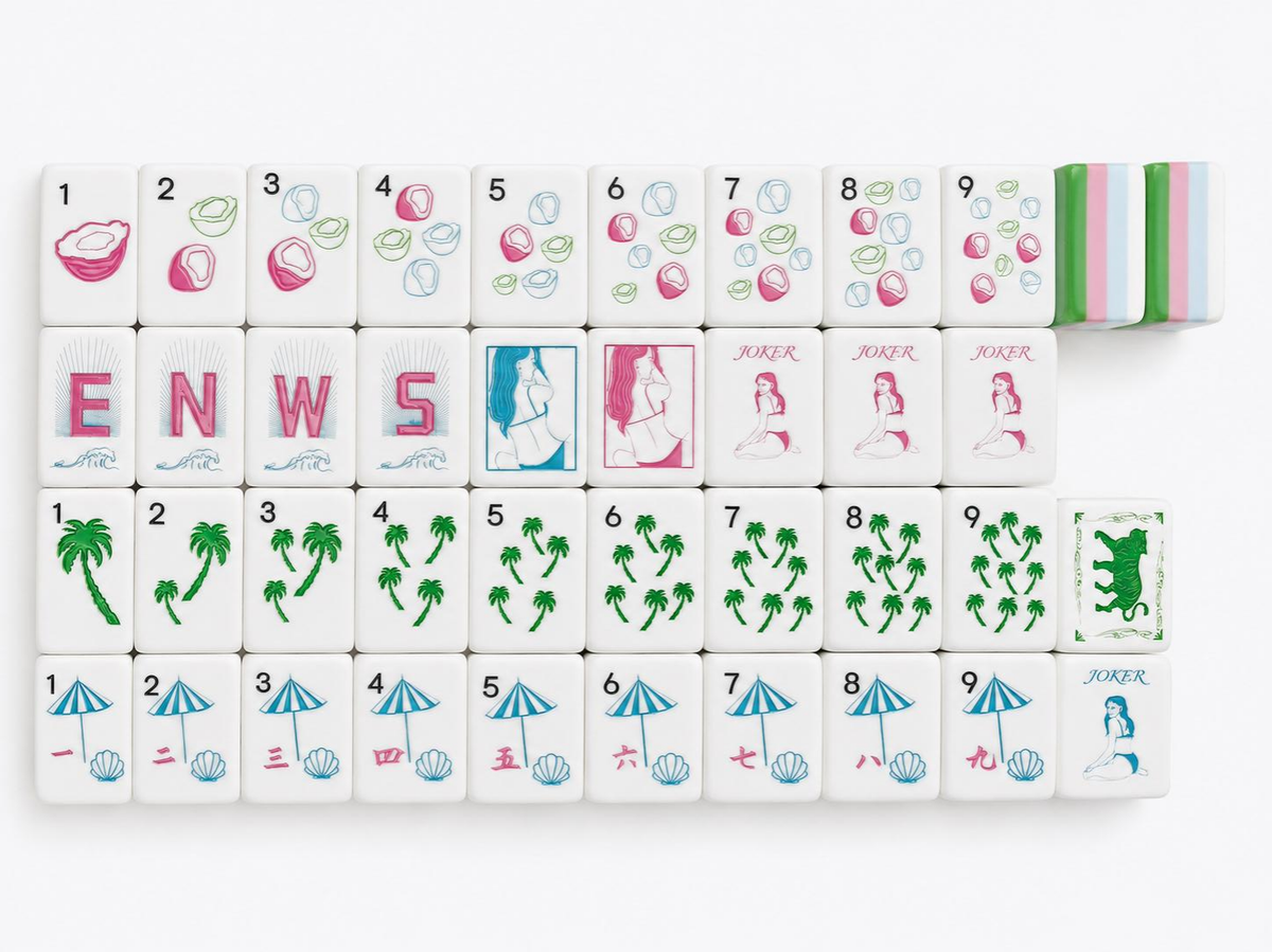 Cabana Club mahjong tiles with pink citrus, green palms and blue sailboats