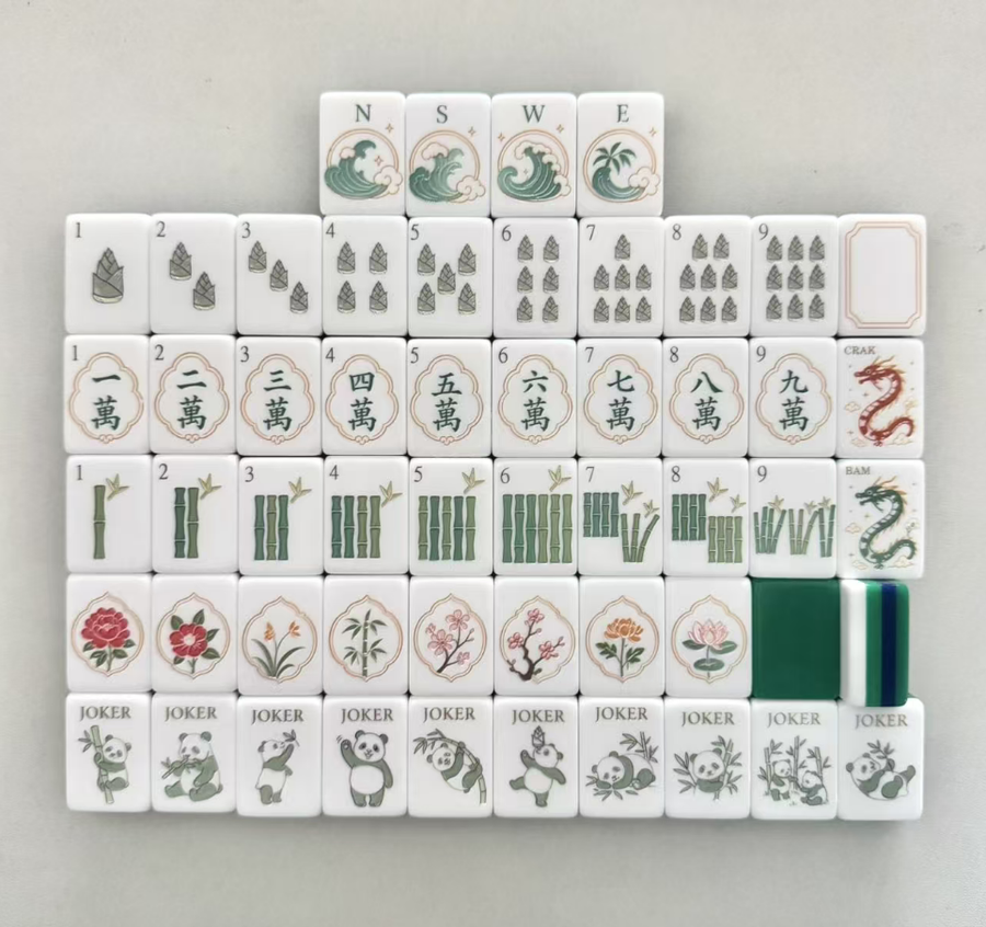 Panda Garden mahjong tiles with panda Jokers, bamboo and floral artwork arranged in rows