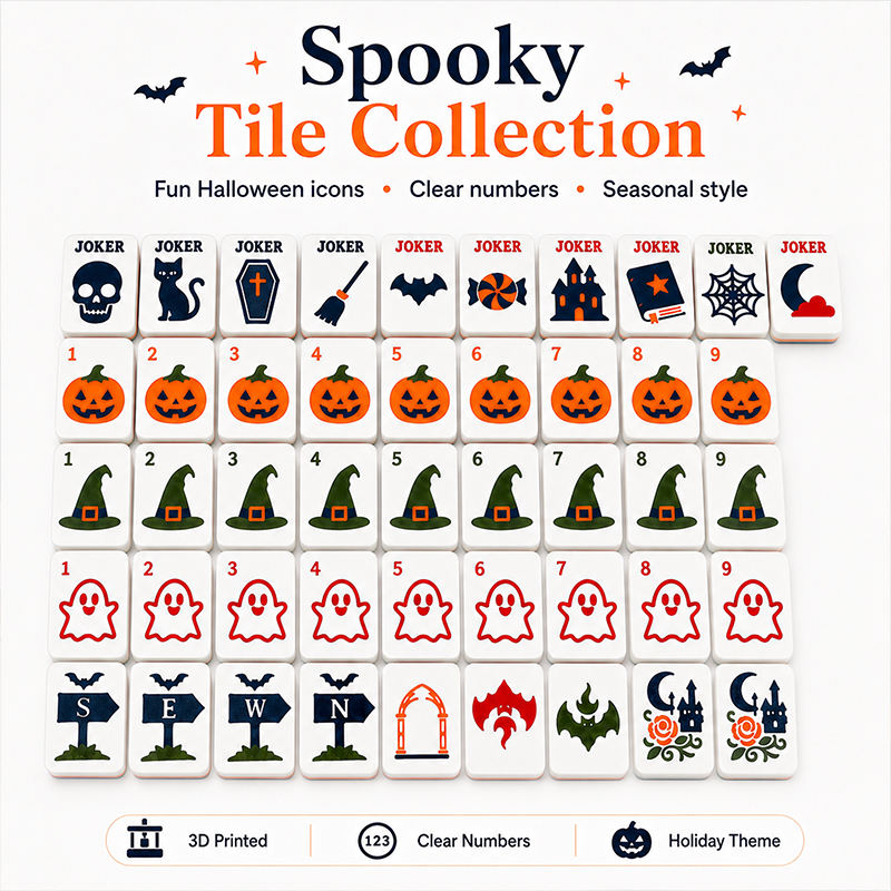 Jack-o'-Lantern tile collection poster showing pumpkins, ghosts, witch hats and Halloween Jokers