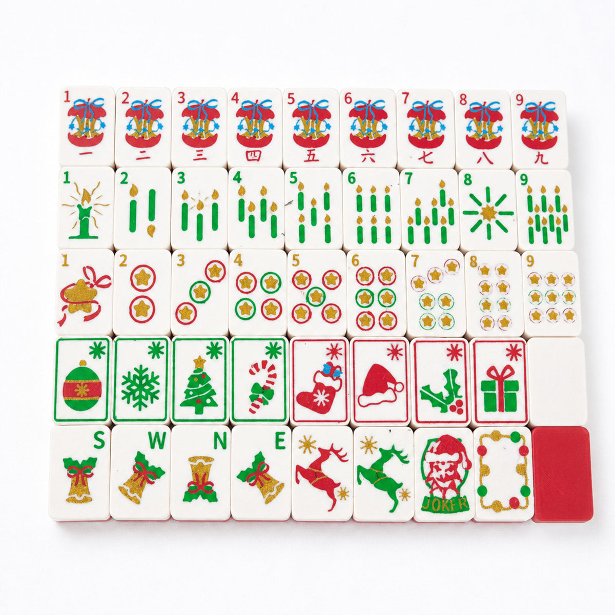 Winterberry mahjong tile faces with holiday gifts, ornaments and evergreen illustrations