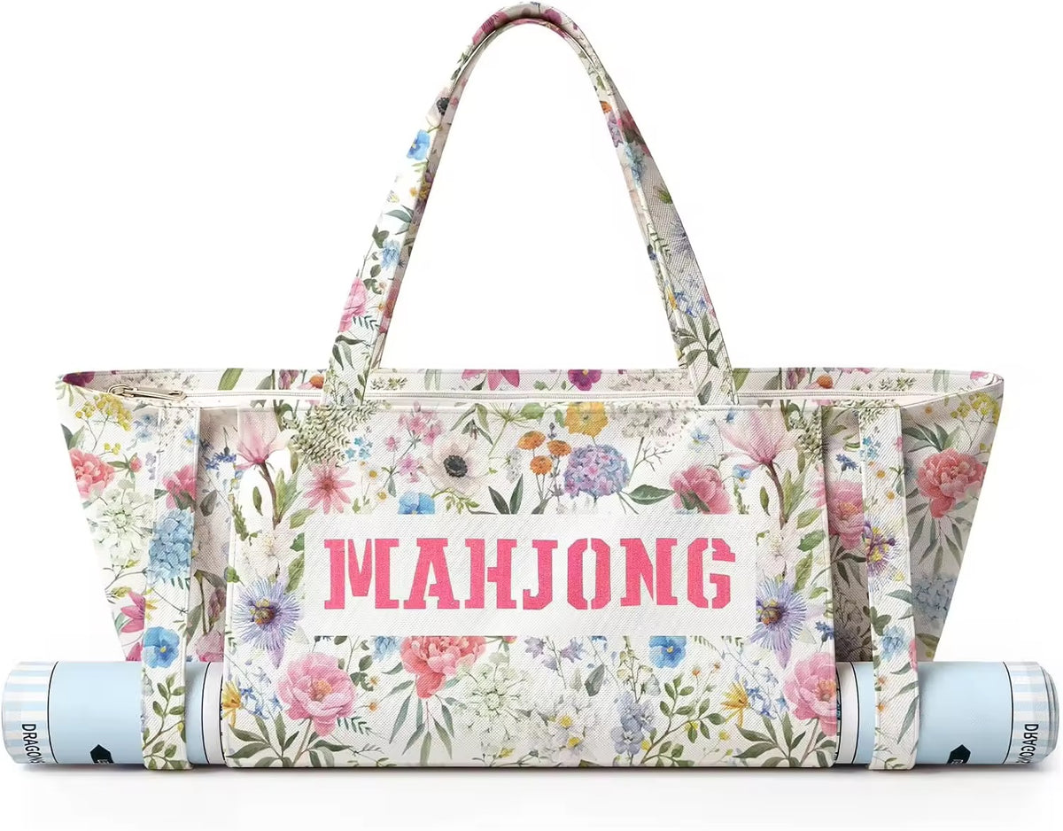 Mahjong Garden floral tote bag with pink MAHJONG lettering