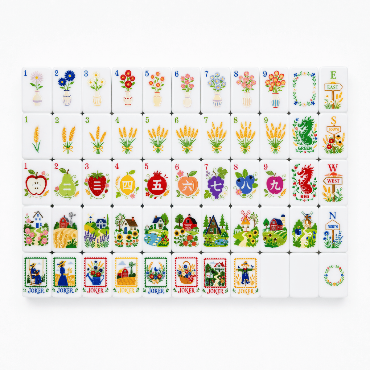 American Farmhouse mahjong tiles arranged in rows with flowers, fruit and farm scenes