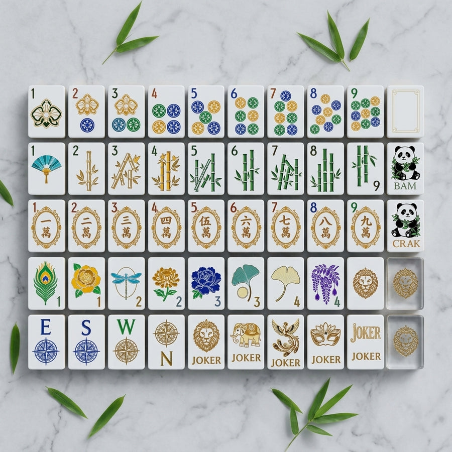 Gilded Menagerie mahjong tile faces with floral, animal and gold artwork arranged in rows