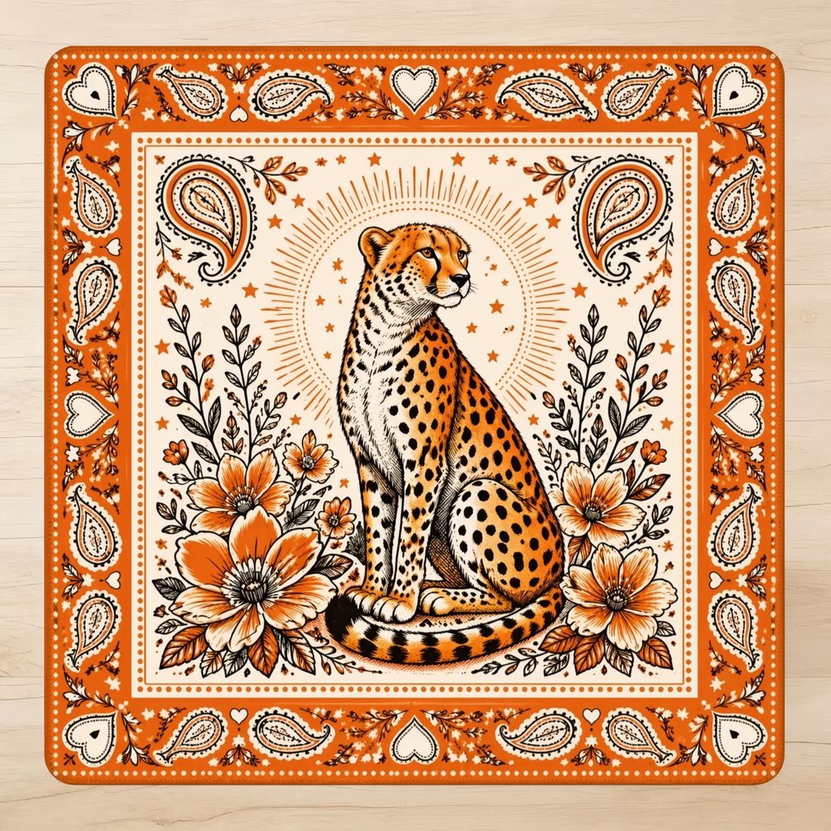 Paisley Cheetah mahjong mat with a central cheetah, orange flowers and paisley border