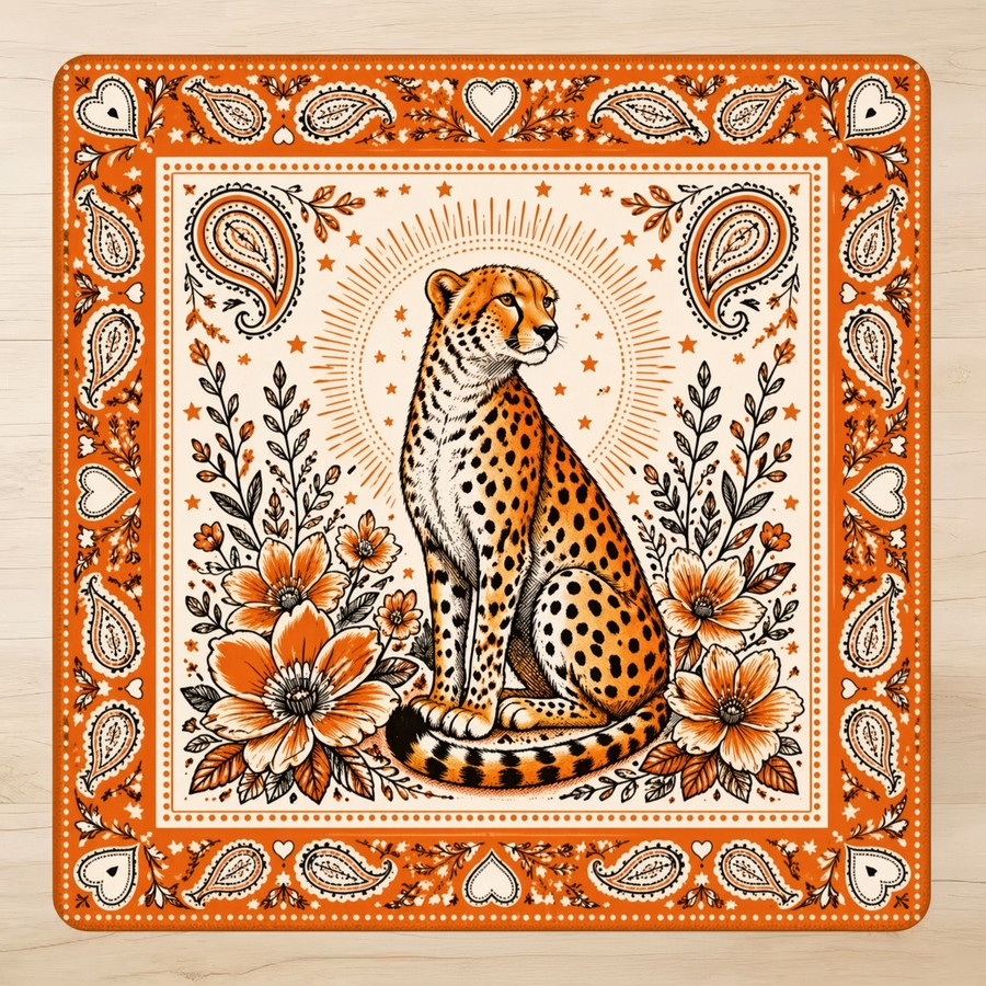 Paisley Cheetah mahjong mat with a central cheetah, orange flowers and paisley border