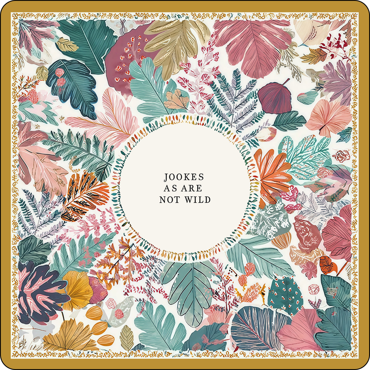 AutumnHerbarium mahjong mat with multicolor leaves, a gold border and a cream circular center