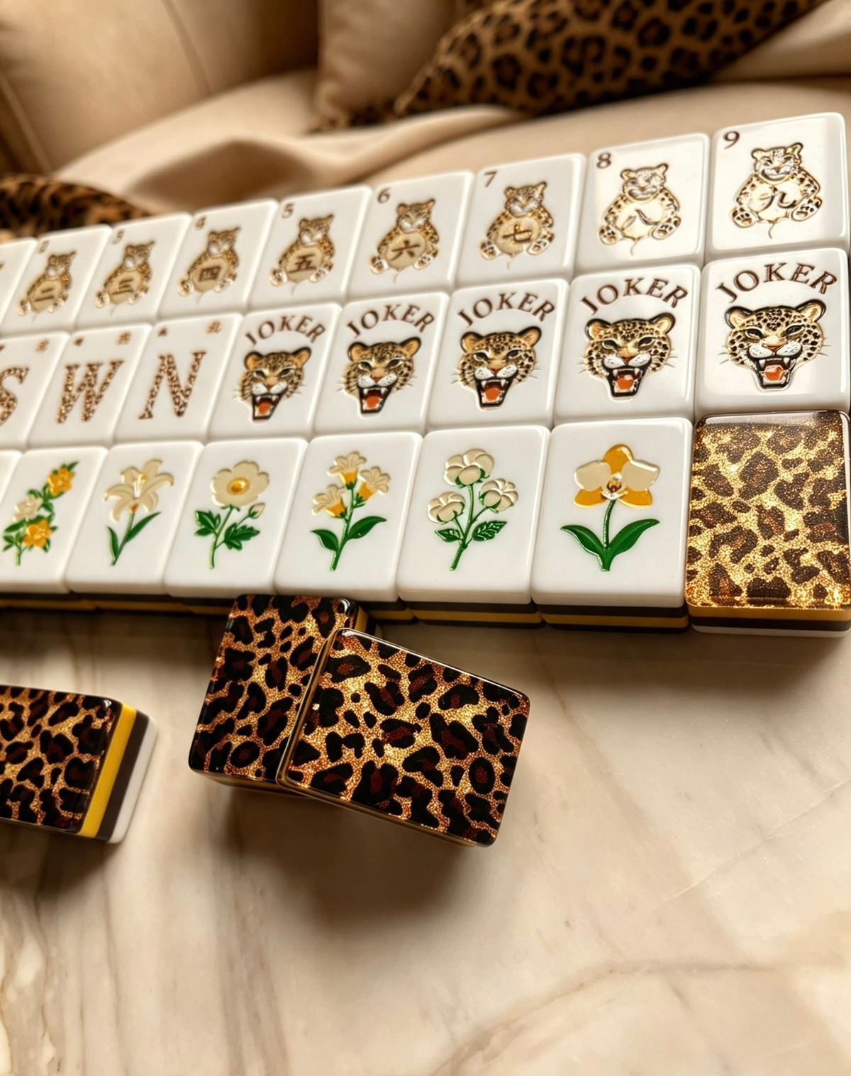 Close view of engraved mahjong tiles