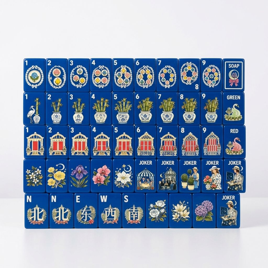 Garden Soirée blue mahjong tile faces arranged in rows with flowers, vases and garden scenes