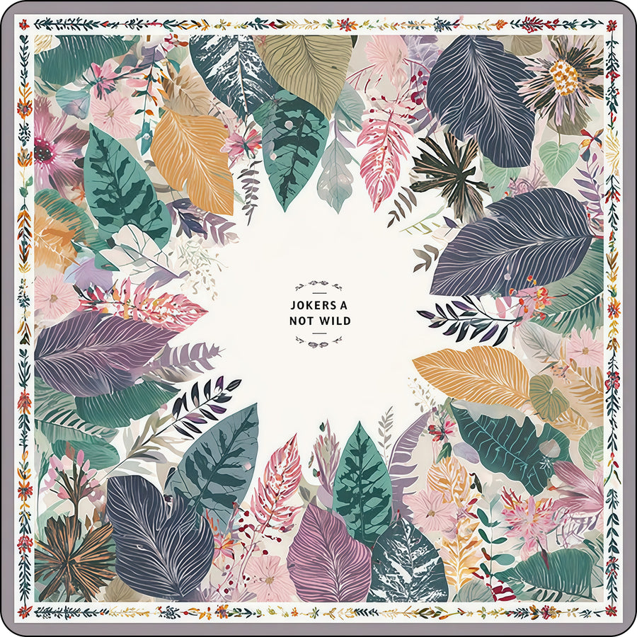 Conservatory mahjong table mat with multicolor tropical leaves around a cream center