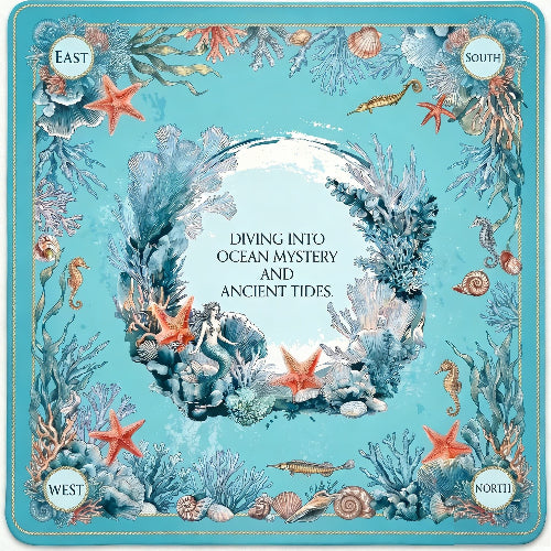 Marine-style mahjong table mat with blue coral and starfish artwork