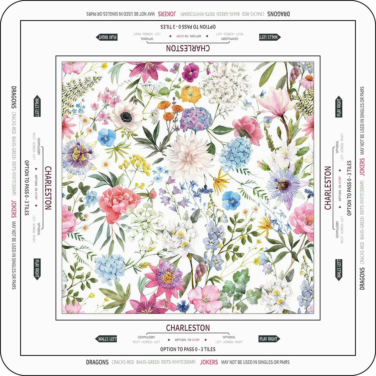 Charleston Bouquet mahjong table mat with a floral center and Charleston instructions around the border