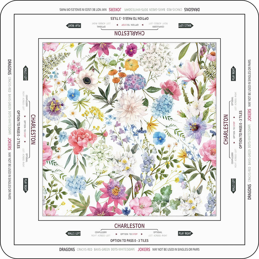 Charleston Bouquet mahjong table mat with a floral center and Charleston instructions around the border