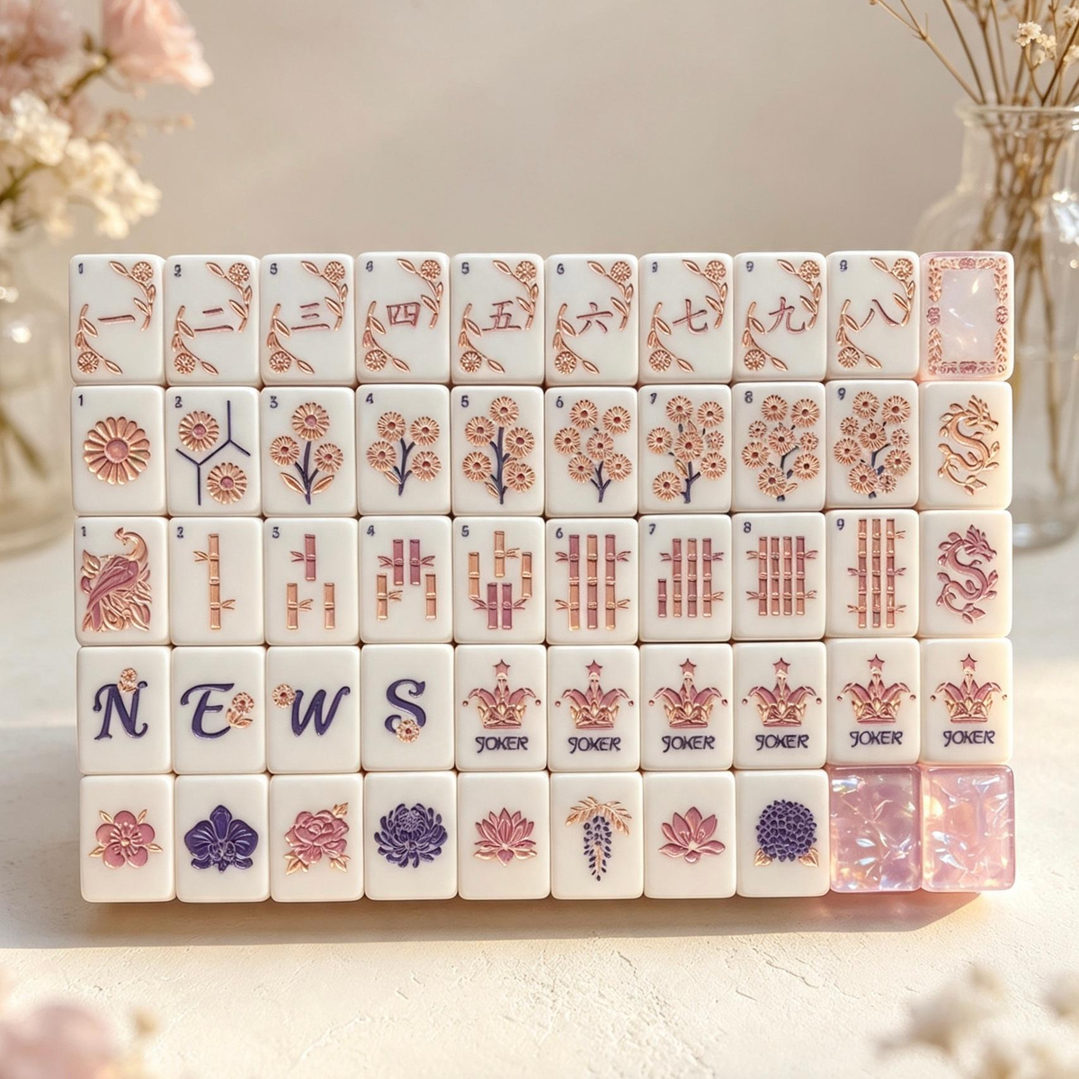 Blush Crystal Garden mahjong tiles with pink and purple floral artwork