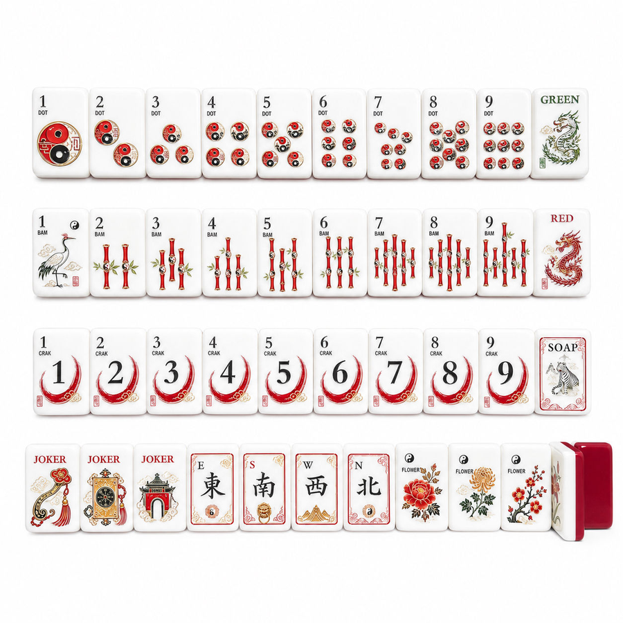 Thousand Years of Play mahjong tile faces with red and green artwork arranged in rows