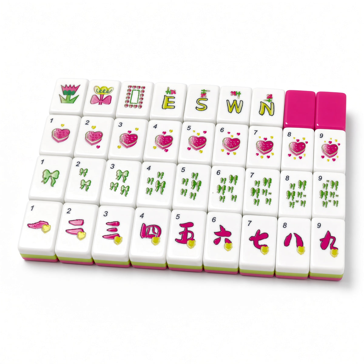 Bows & Hearts mahjong tiles with pink hearts, green bows and pink backs