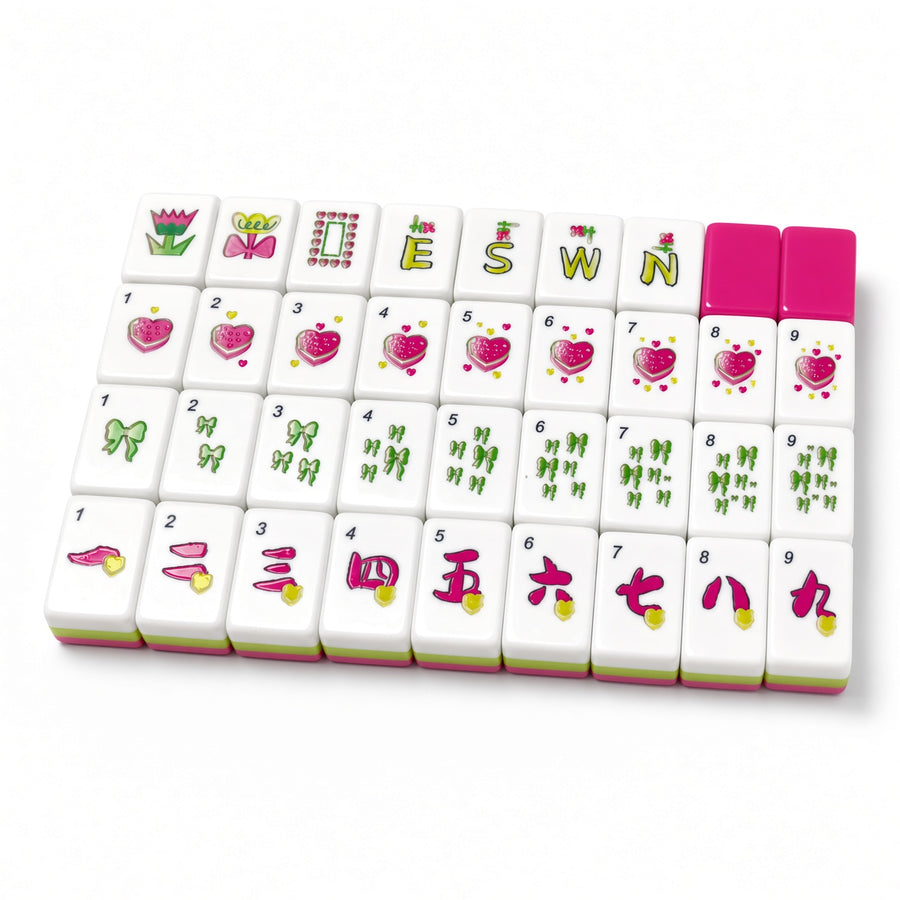 Bows & Hearts mahjong tiles with pink hearts, green bows and pink backs